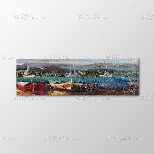 Kırmızı Sarı Teknelerle Kayıkhane Tablo kanvas tablo