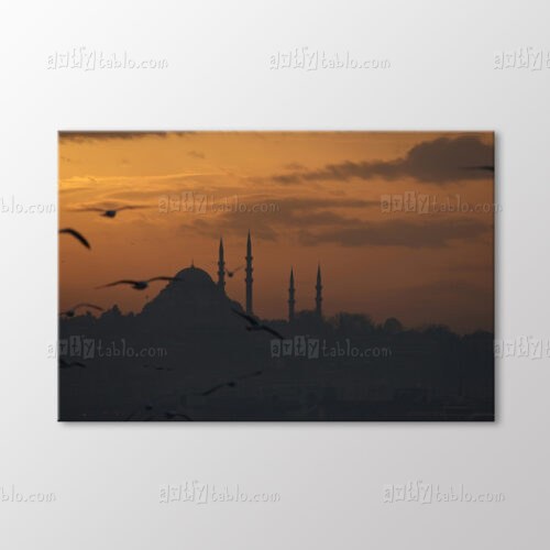 Kuşlu Gün Batımında Süleymaniye Camii Tablo kanvas tablo