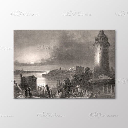 Gravür Tarzı Ay Işığında Galata Kulesi Tablo kanvas tablo