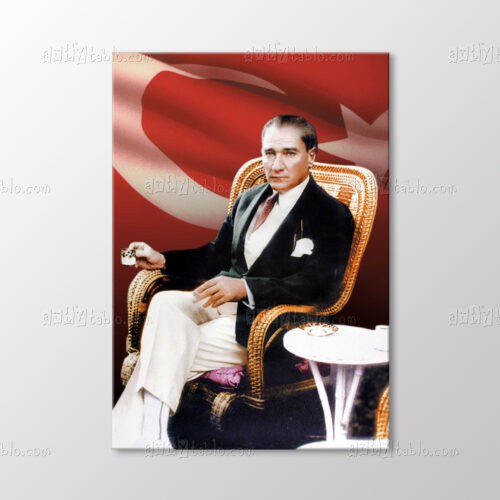 Atatürk Hasır Koltukta Bayrak Önünde Tablo kanvas tablo
