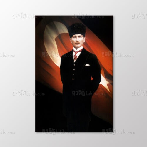 Atatürk Kalpaklı Bayrak Önünde Tablo kanvas tablo